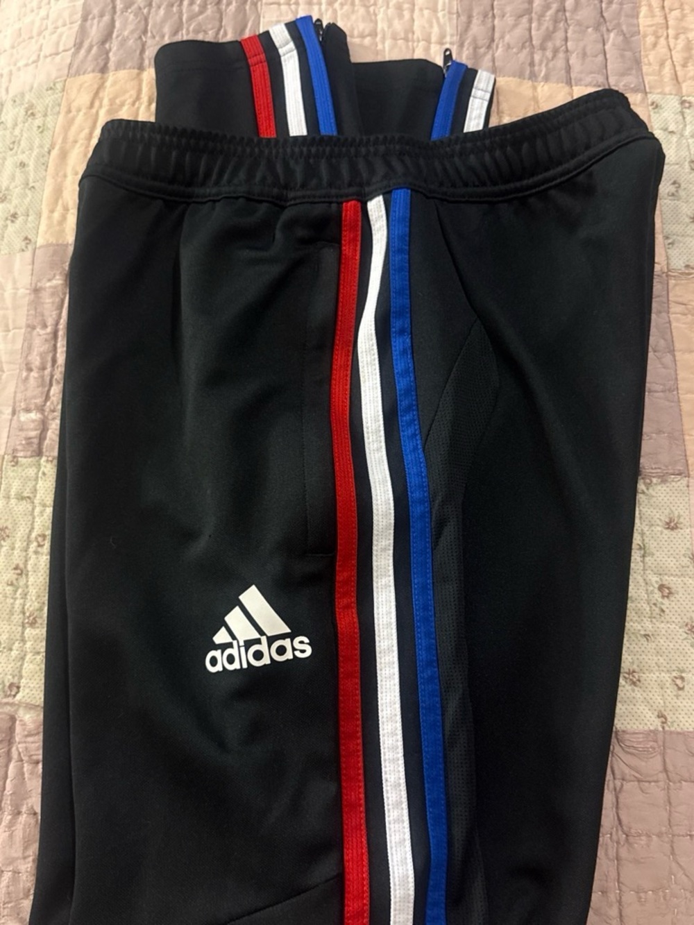 adidas Black Joggers with Red White and Blue Side Stripes
